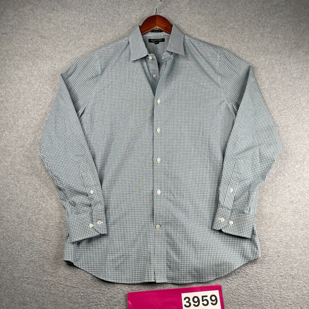 Banana Republic Non Iron Shirt Green Check Slim Button Up Long Sleeve Mens Large